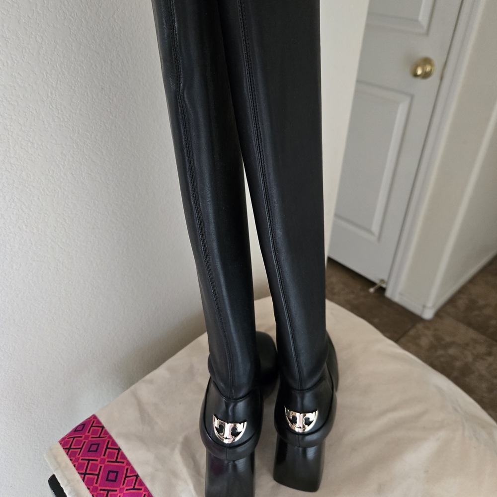 Tory Burch Black Boots with Gold Tory Burch Logo Details